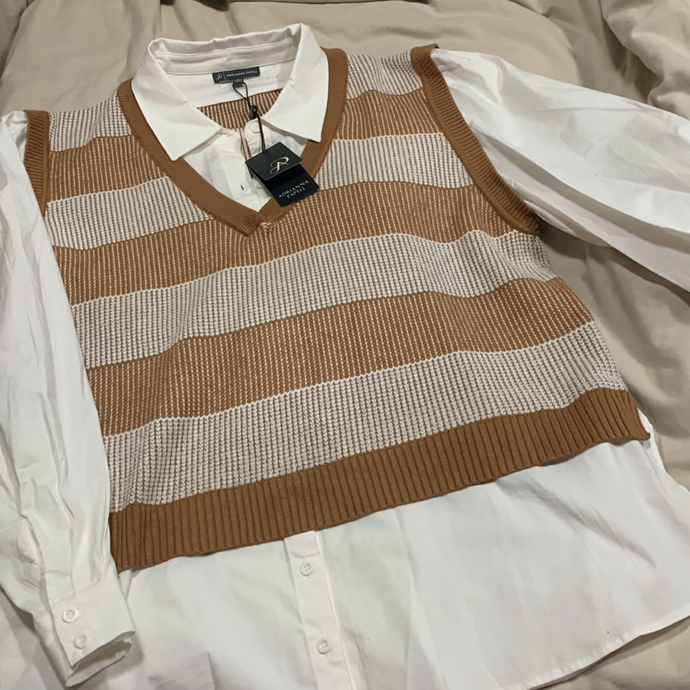 Adrianna Papell Tan and White V-Neck Sweater Vest
